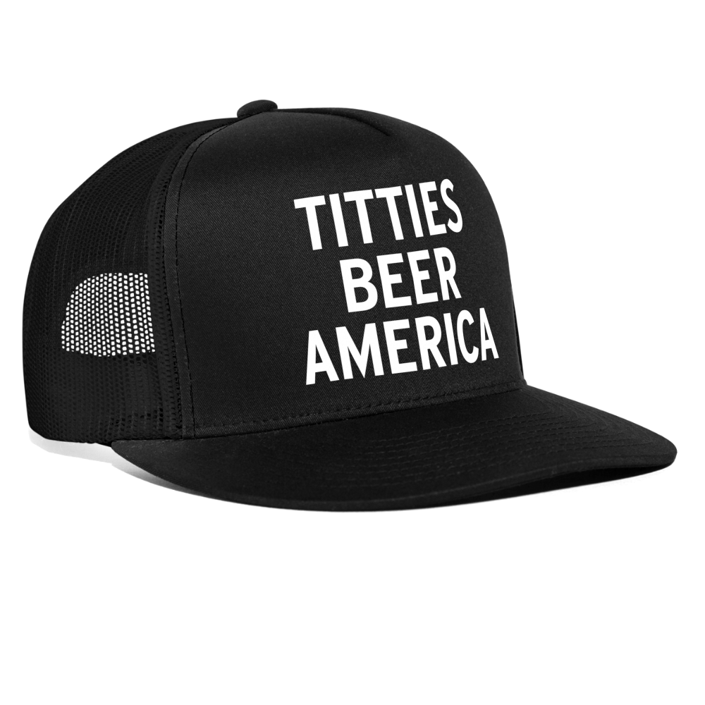 Titties Beer America Funny Party 4th of July Snapback Mesh Trucker Hat - black/black