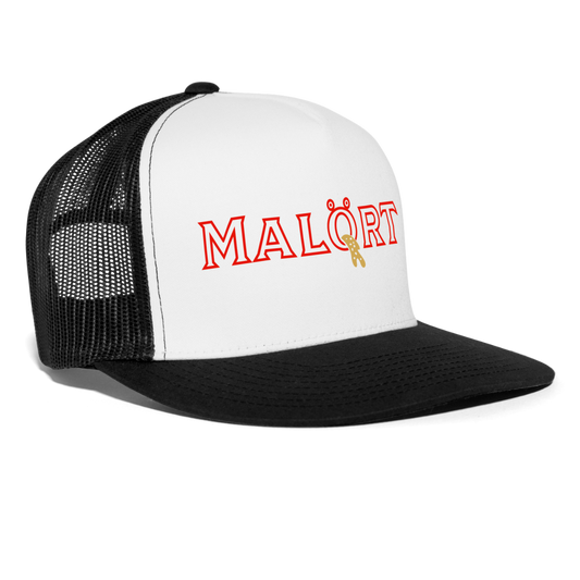 Malort Puke Parody Funny Drinking Hat Snapback Mesh Trucker Hat - white/black