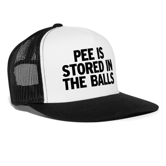 Pee Is Stored In The Balls Funny Party Snapback Mesh Trucker Hat - white/black