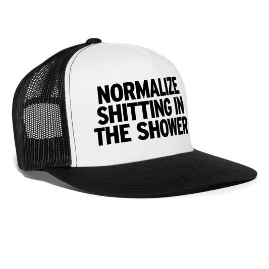 Normalize Shitting In The Shower Funny Party Snapback Mesh Trucker Hat - white/black