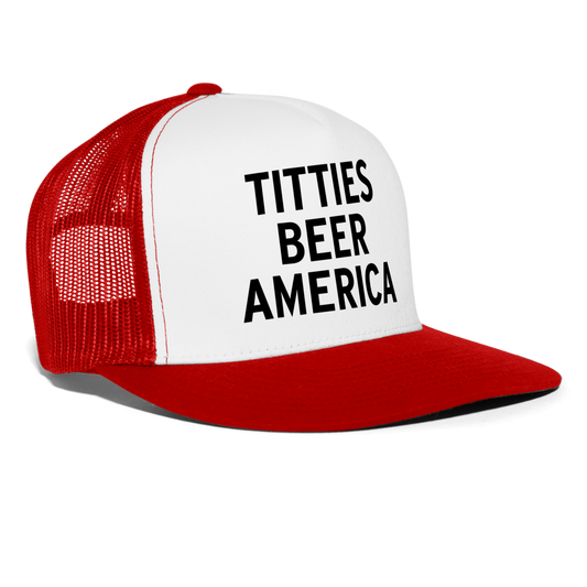 Titties Beer America Funny Party 4th of July Snapback Mesh Trucker Hat - white/red