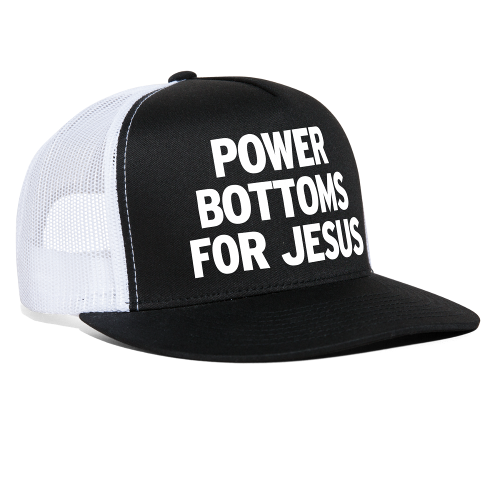 Power Bottoms For Jesus Funny Gay Party Snapback Mesh Trucker Hat - black/white