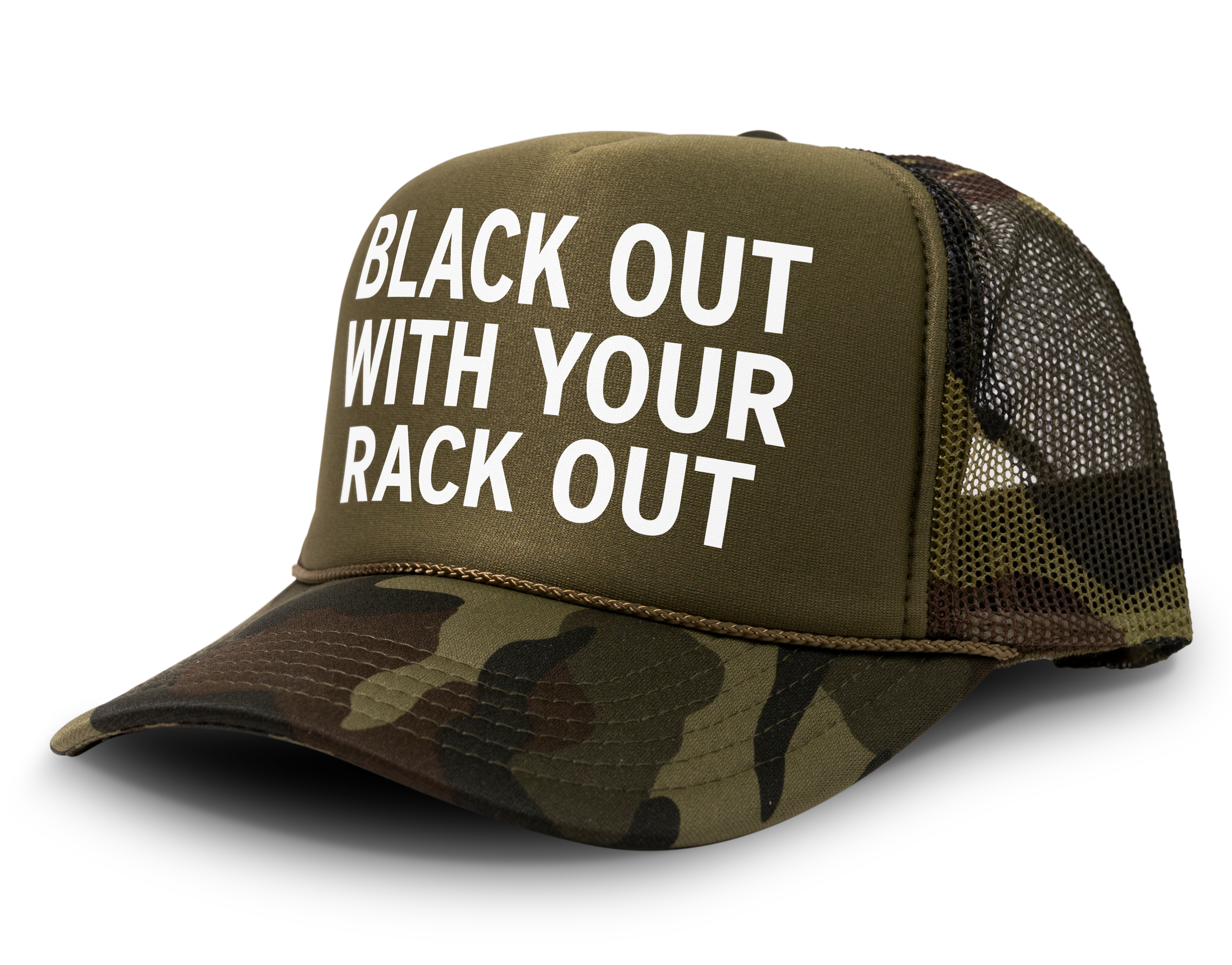 Black Out With Your Rack Out Funny Party Snapback Mesh Trucker Hat