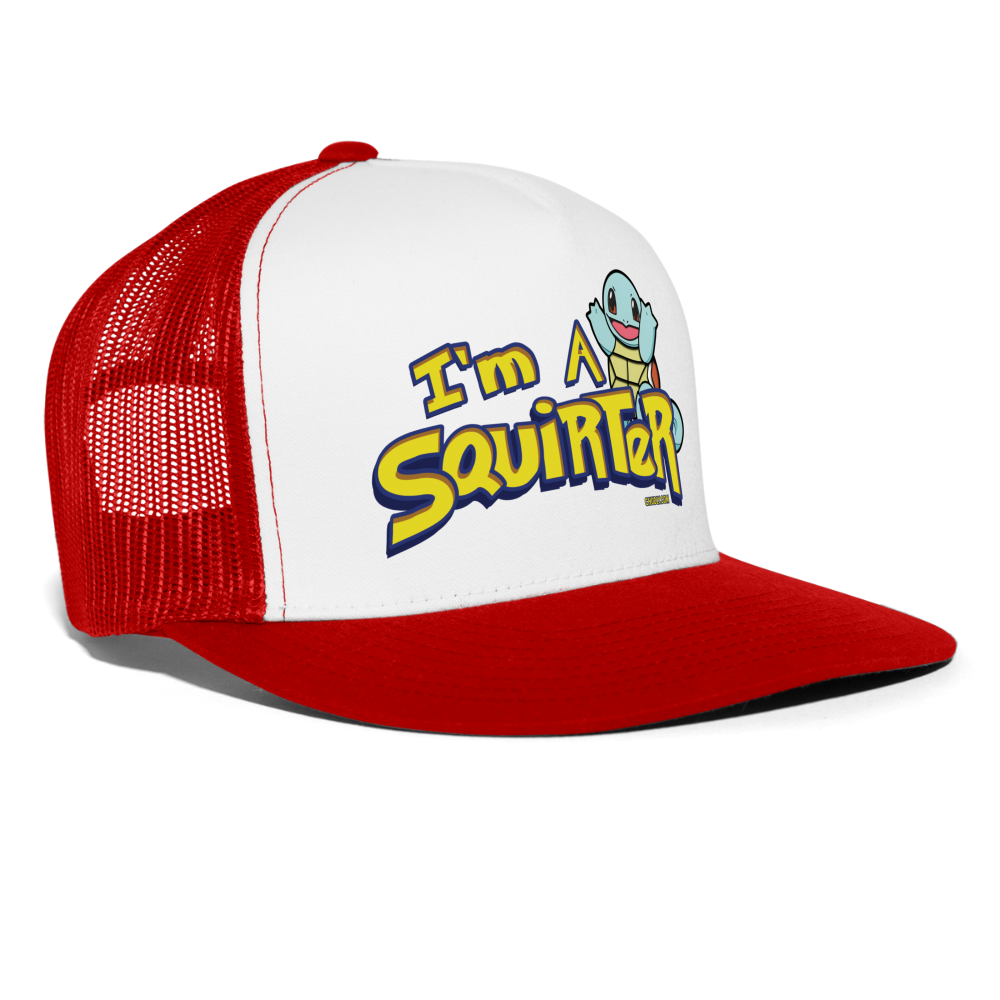 I'm A Squirter Funny Meme Squirt Snapback Mesh Trucker Hat - white/red