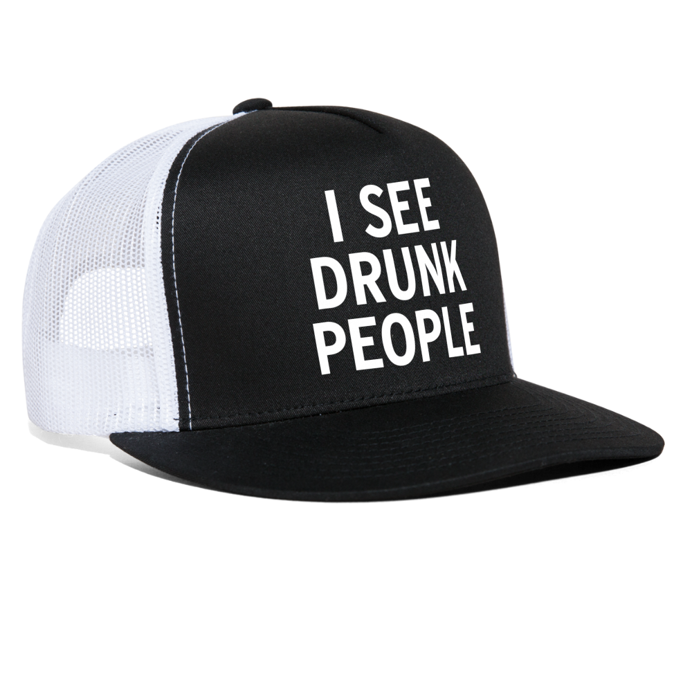 I See Drunk People Funny Party Snapback Mesh Trucker Hat - black/white