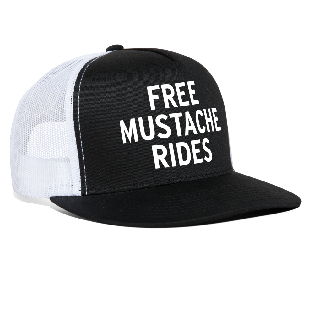 Free Mustache Rides Funny Party Snapback Mesh Trucker Hat - black/white