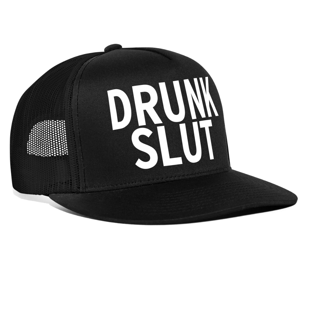 Drunk Slut Funny Party Snapback Mesh Trucker Hat - black/black