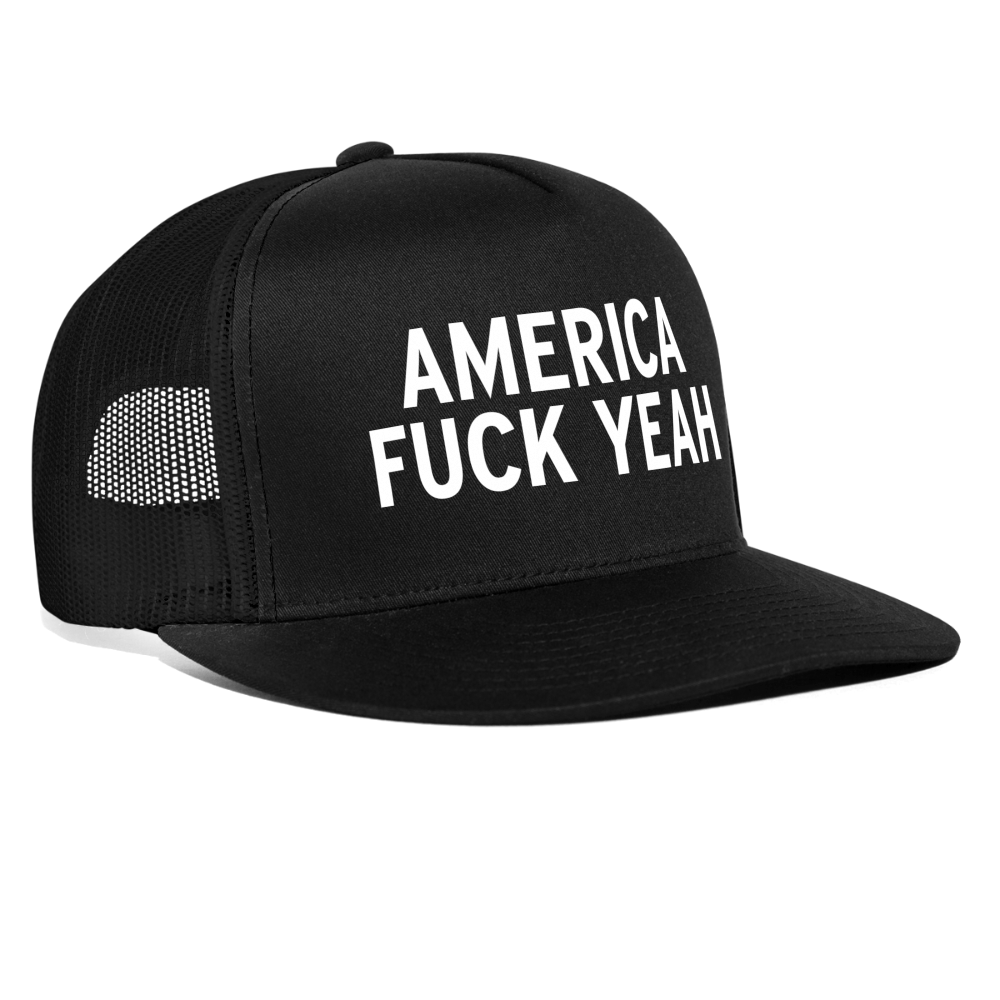 America Fuck Yeah Funny Party 4th of July Snapback Mesh Trucker Hat - black/black