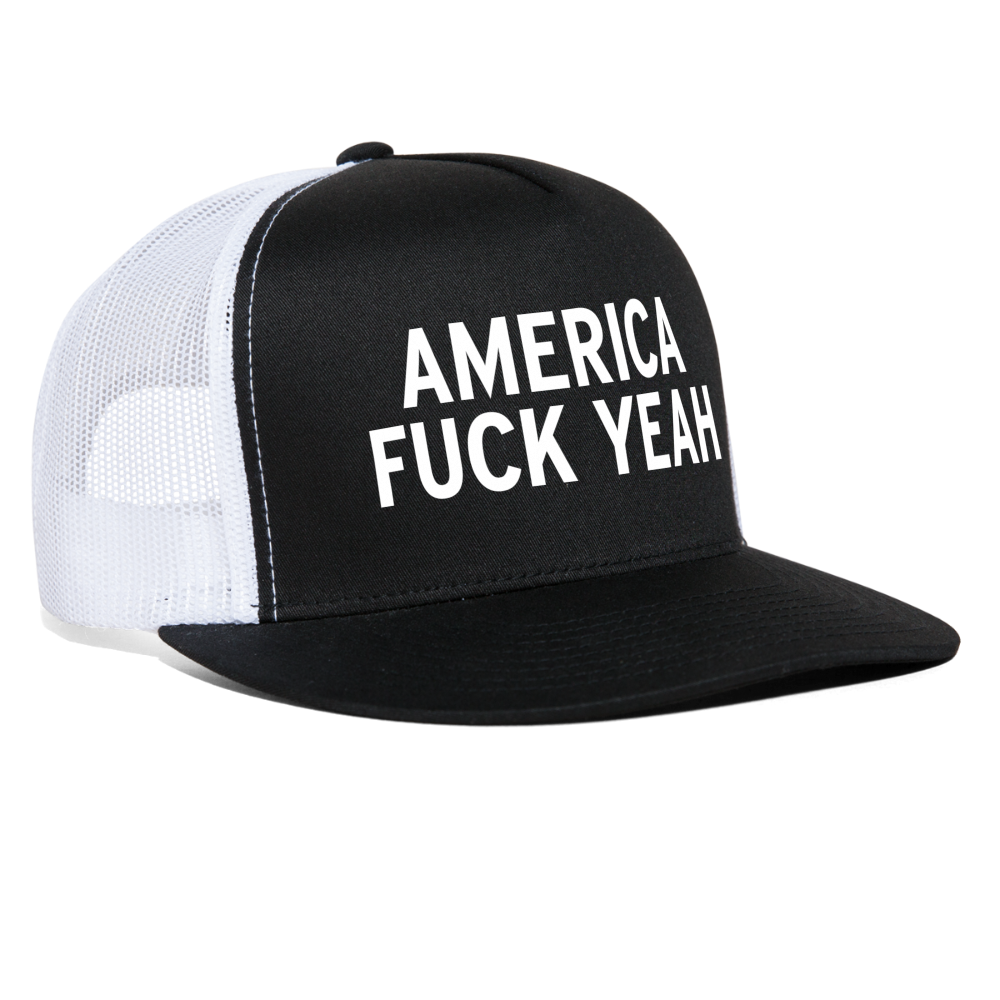 America Fuck Yeah Funny Party 4th of July Snapback Mesh Trucker Hat - black/white