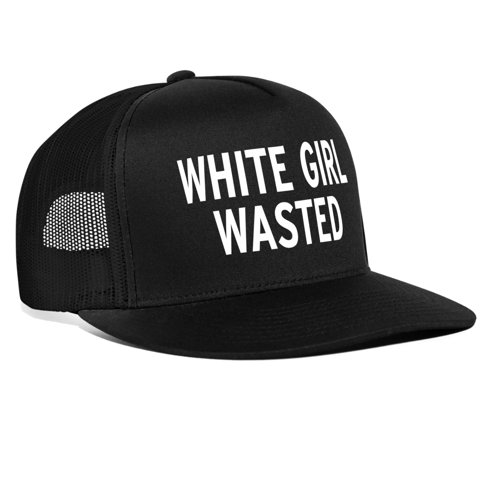 White Girl Wasted Funny Party Snapback Mesh Trucker Hat - black/black