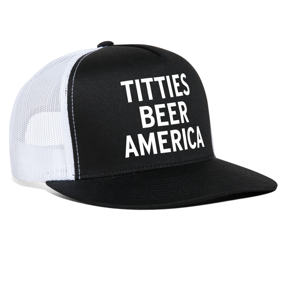 Titties Beer America Funny Party 4th of July Snapback Mesh Trucker Hat - black/white