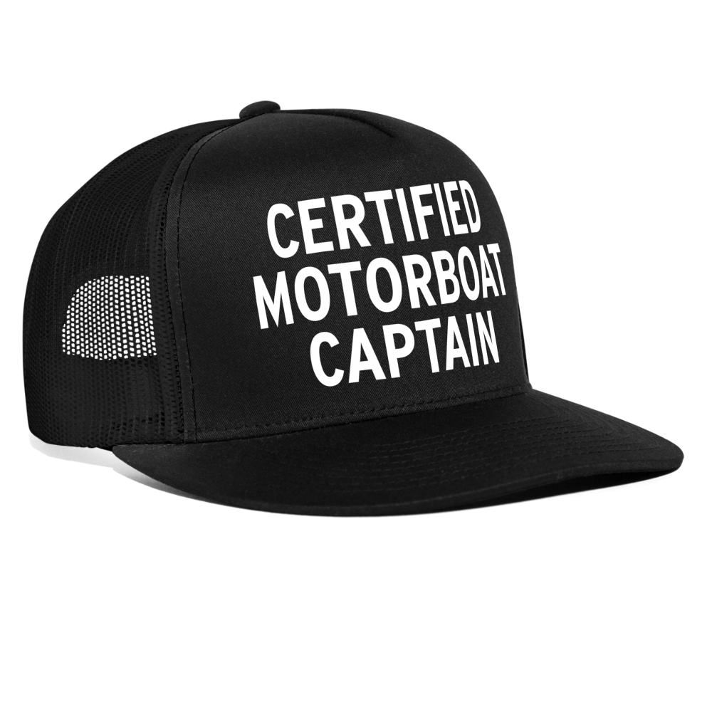 Certified Motorboat Captain Funny Party Snapback Mesh Trucker Hat - black/black