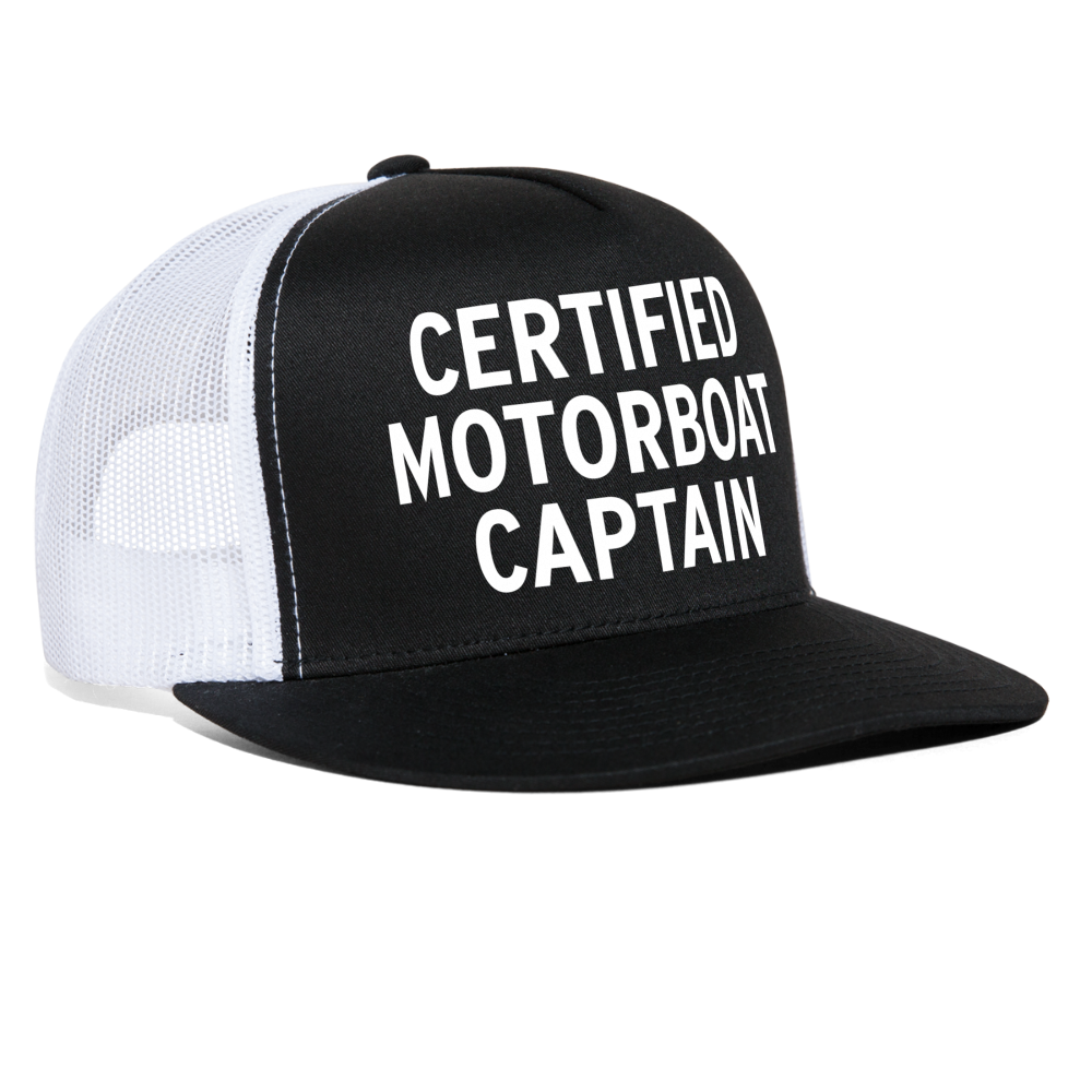 Certified Motorboat Captain Funny Party Snapback Mesh Trucker Hat - black/white