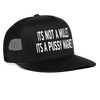 Its Not A Mullet Its A Pussy Magnet Funny Party Snapback Mesh Trucker Hat - black/black