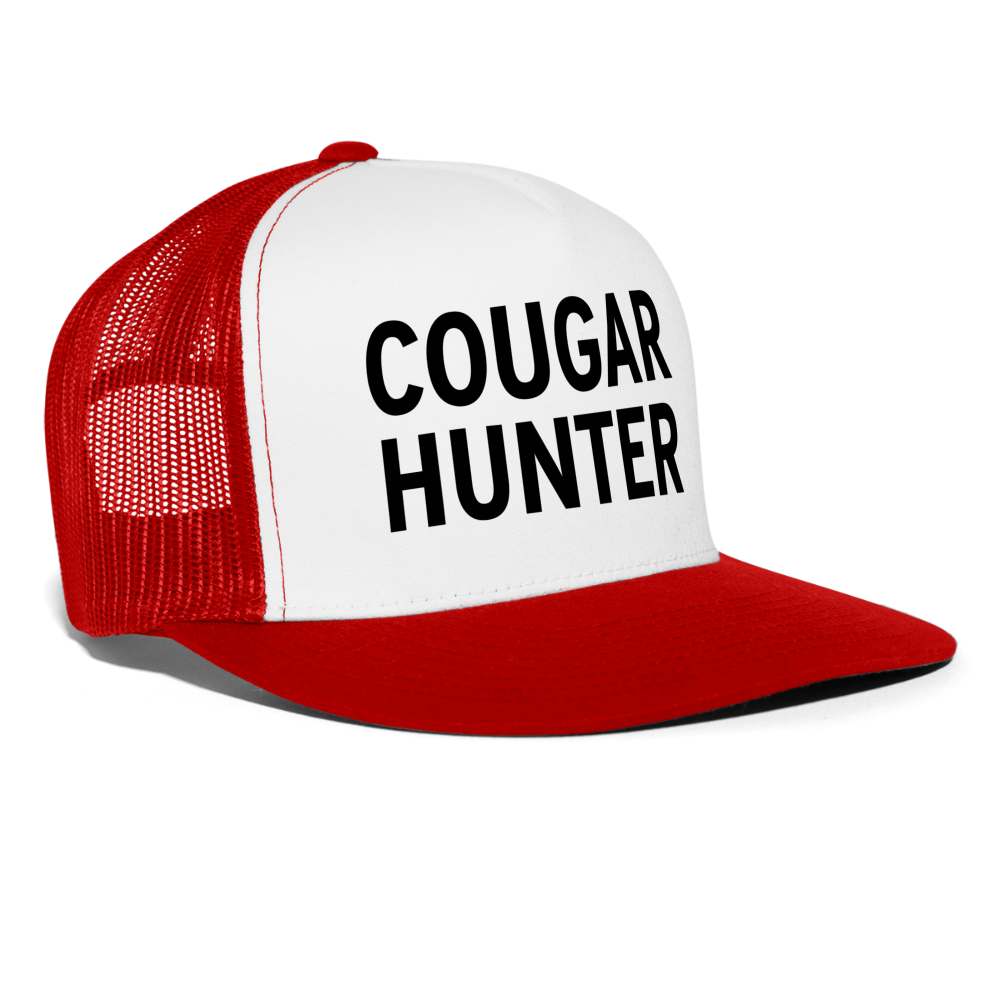 Cougar Hunter Funny Party Snapback Mesh Trucker Hat - white/red