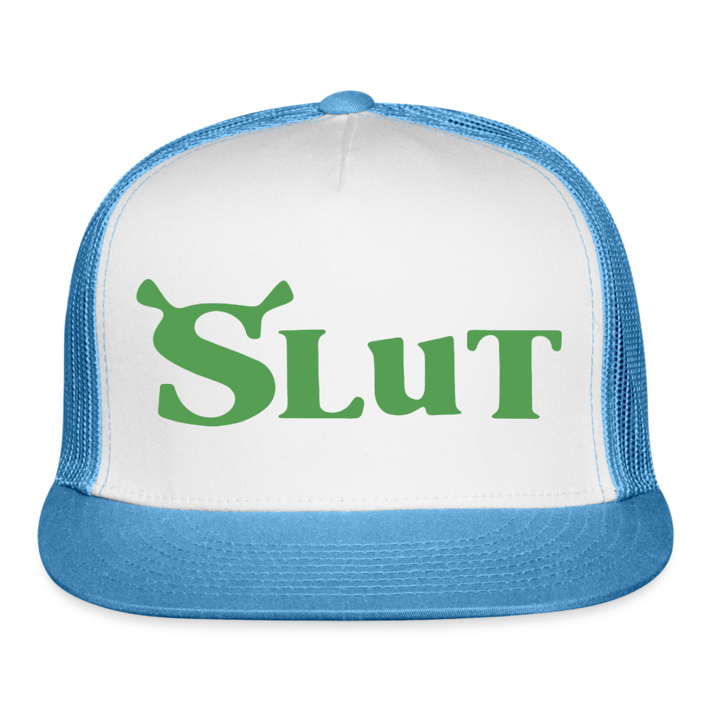 Shrek Slut Funny Raunchy Adult Humor Snapback Mesh Trucker Hat - white/blue