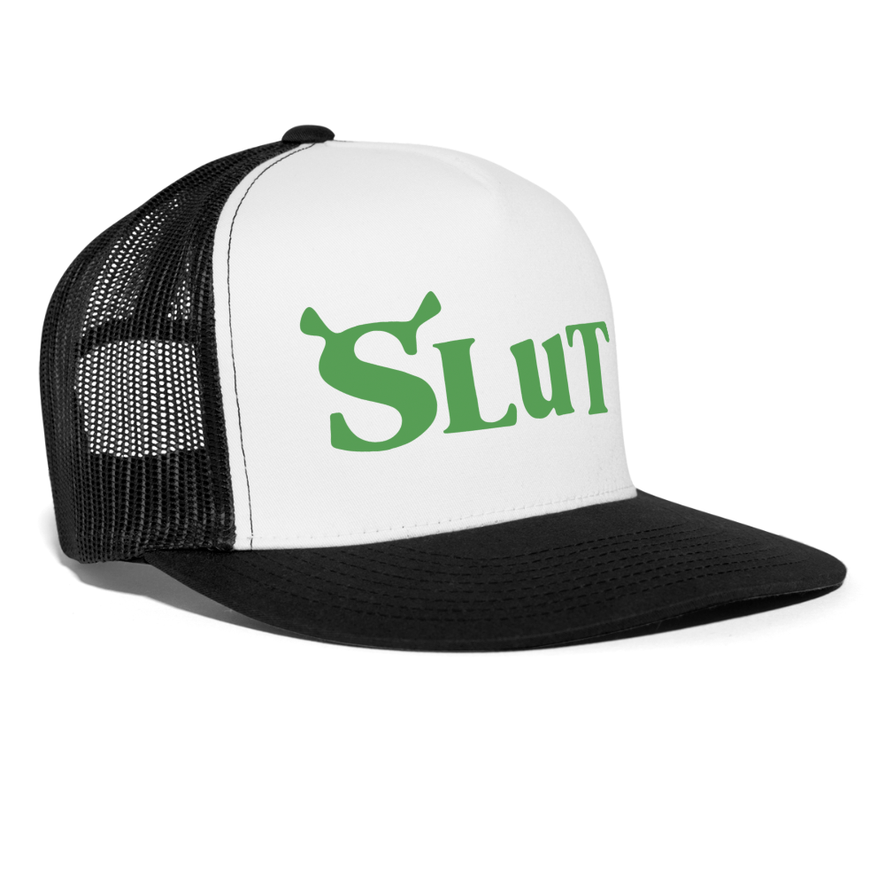 Shrek Slut Funny Raunchy Adult Humor Snapback Mesh Trucker Hat - white/black
