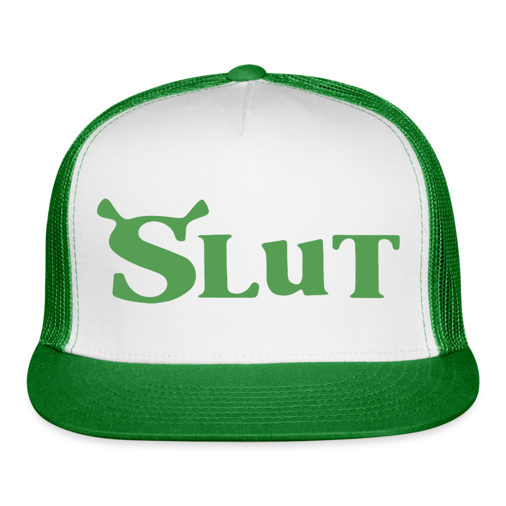 Shrek Slut Funny Raunchy Adult Humor Snapback Mesh Trucker Hat - white/kelly green