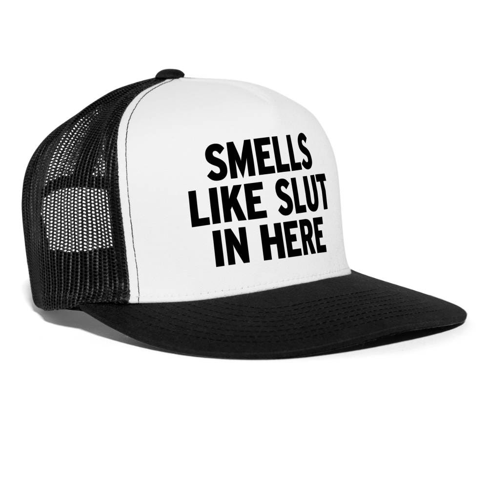 Smells Like Slut In Here Funny Party Snapback Mesh Trucker Hat - white/black