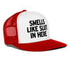 Load image into Gallery viewer, Smells Like Slut In Here Funny Party Snapback Mesh Trucker Hat - white/red