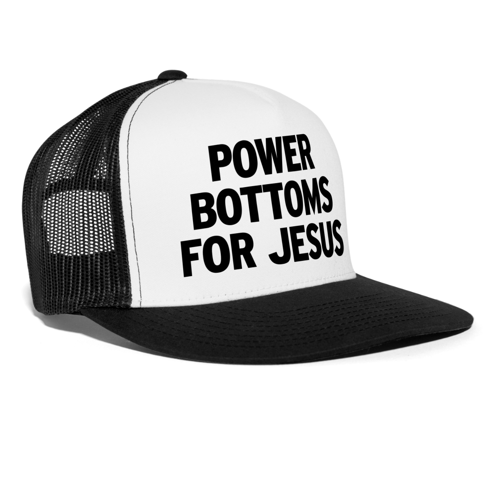 Power Bottoms For Jesus Funny Gay Party Snapback Mesh Trucker Hat - white/black