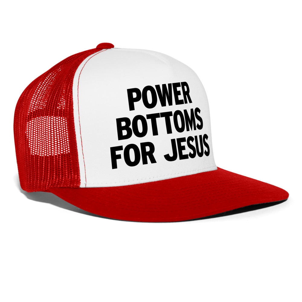 Power Bottoms For Jesus Funny Gay Party Snapback Mesh Trucker Hat - white/red