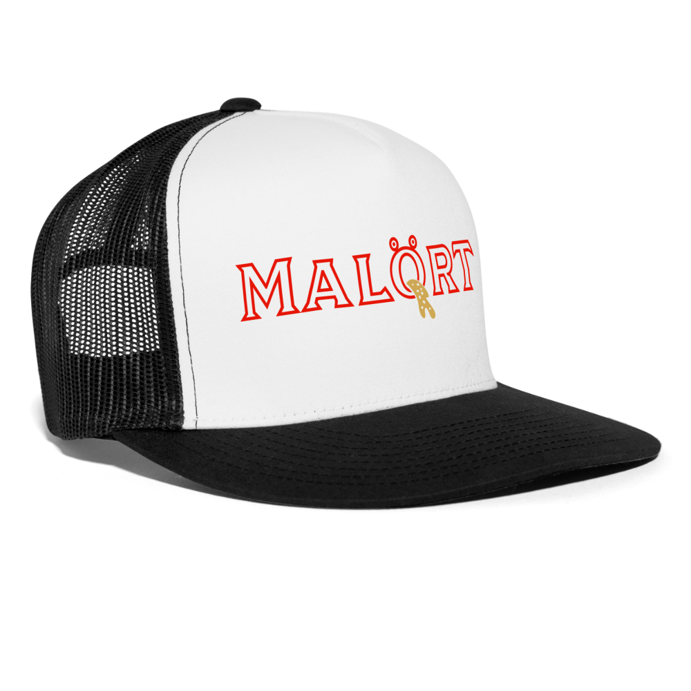 Malort Puke Parody Funny Drinking Hat Snapback Mesh Trucker Hat - white/black
