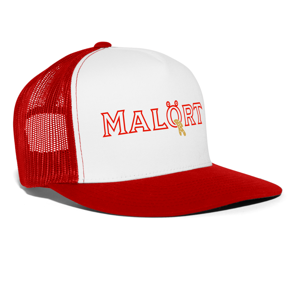 Malort Puke Parody Funny Drinking Hat Snapback Mesh Trucker Hat - white/red