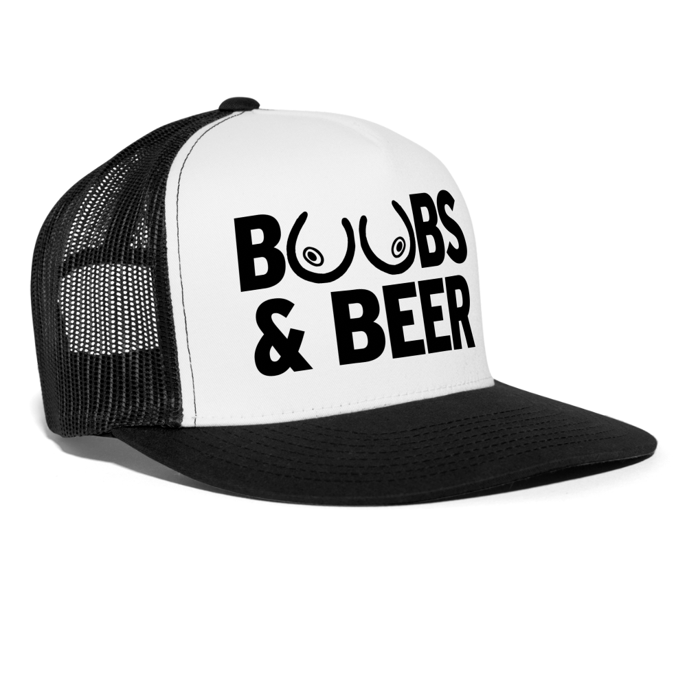 Boobs and Beer Funny Drinking Hat Party Snapback Mesh Trucker Hat - white/black