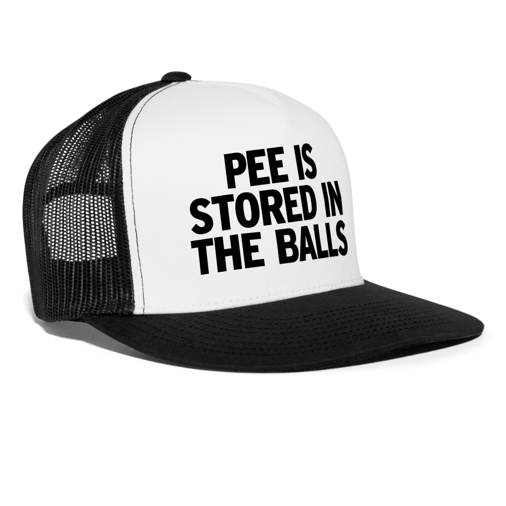 Pee Is Stored In The Balls Funny Party Snapback Mesh Trucker Hat - white/black