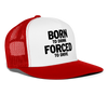 Born To Drink Forced To Drive Funny Party Snapback Mesh Trucker Hat - white/red