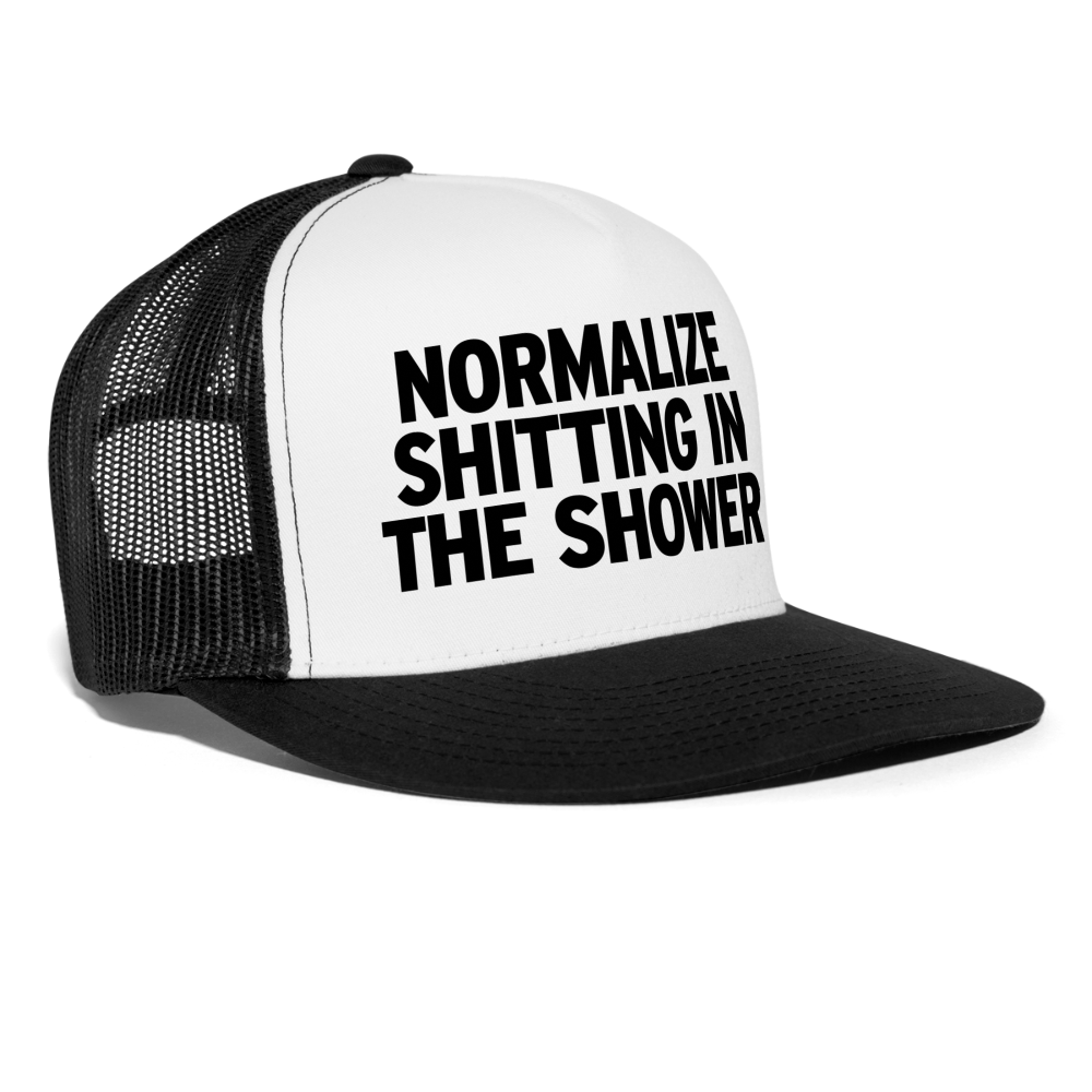 Normalize Shitting In The Shower Funny Party Snapback Mesh Trucker Hat - white/black