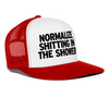 Load image into Gallery viewer, Normalize Shitting In The Shower Funny Party Snapback Mesh Trucker Hat - white/red