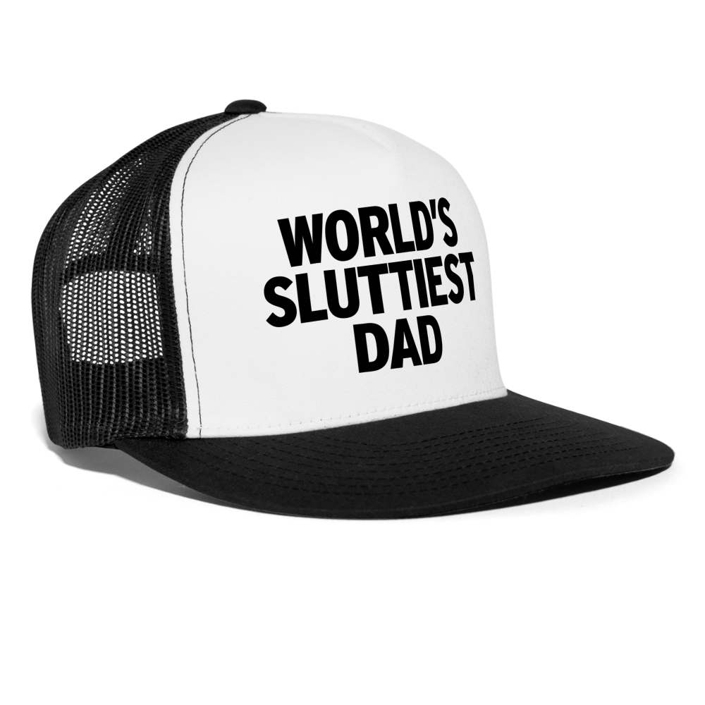 World's Sluttiest Dad Funny Party Snapback Mesh Trucker Hat - white/black