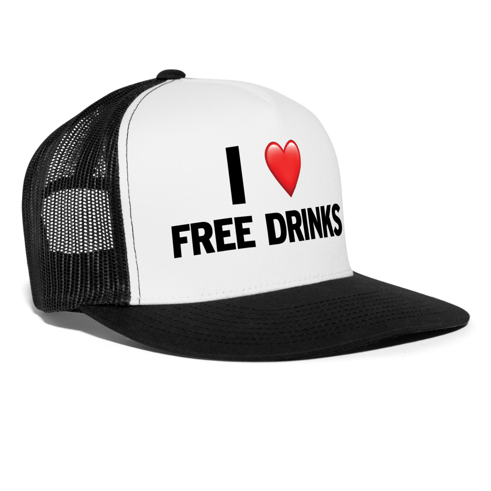 I Love Free Drinks Funny Party Snapback Mesh Trucker Hat - white/black
