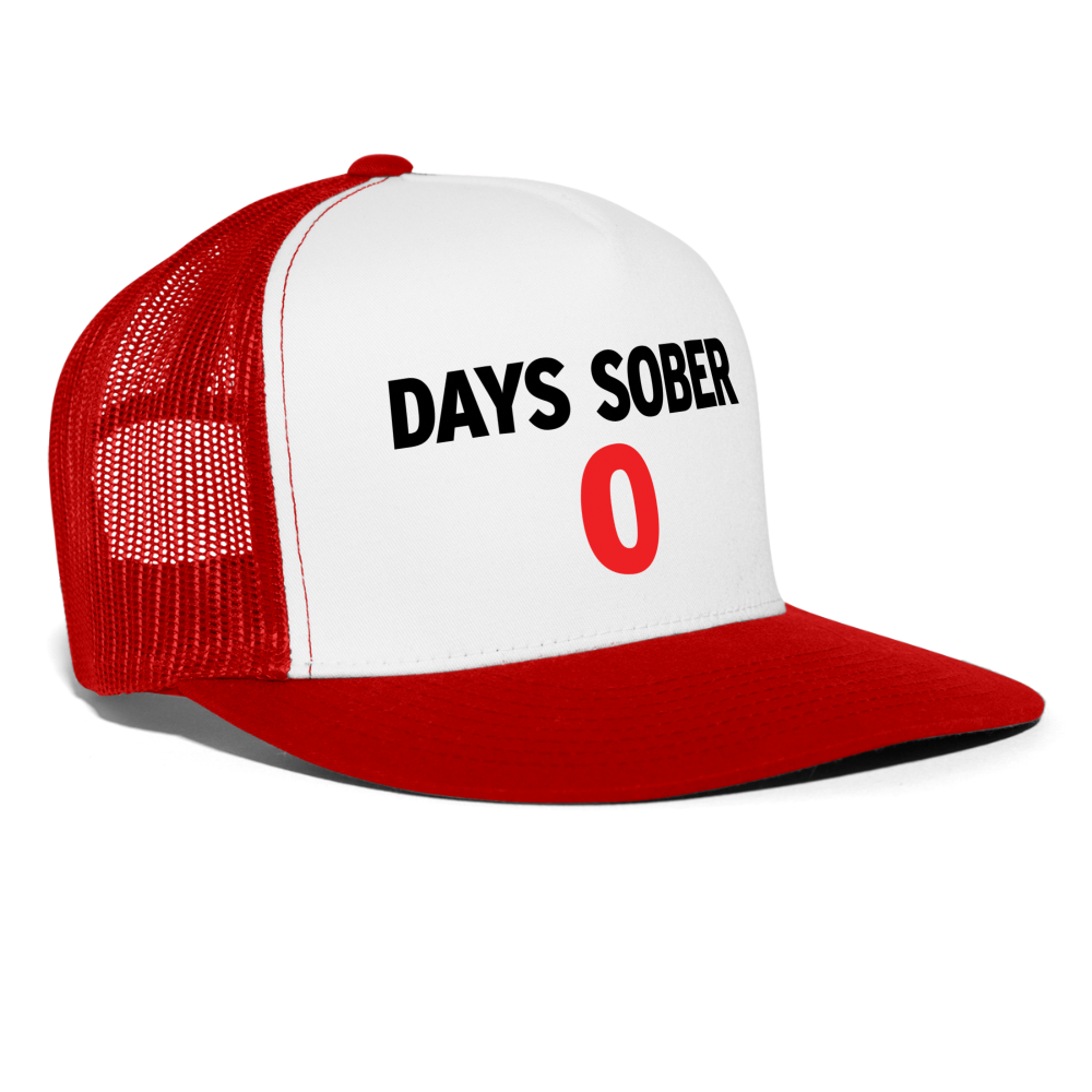 Zero Days Sober 0 Funny Drinking Hat Party Snapback Mesh Trucker Hat - white/red