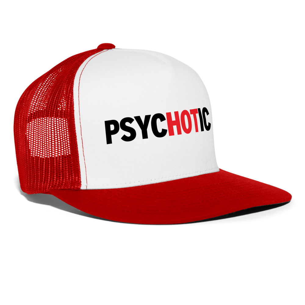 Psychotic Hot Girl Funny Hat Party Snapback Mesh Trucker Hat - white/red