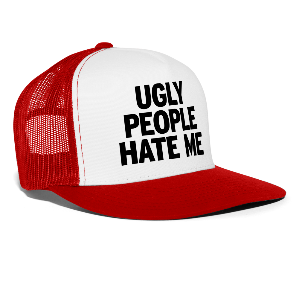 Ugly People Hate Me Hot Girl Funny Hat Party Snapback Mesh Trucker Hat - white/red