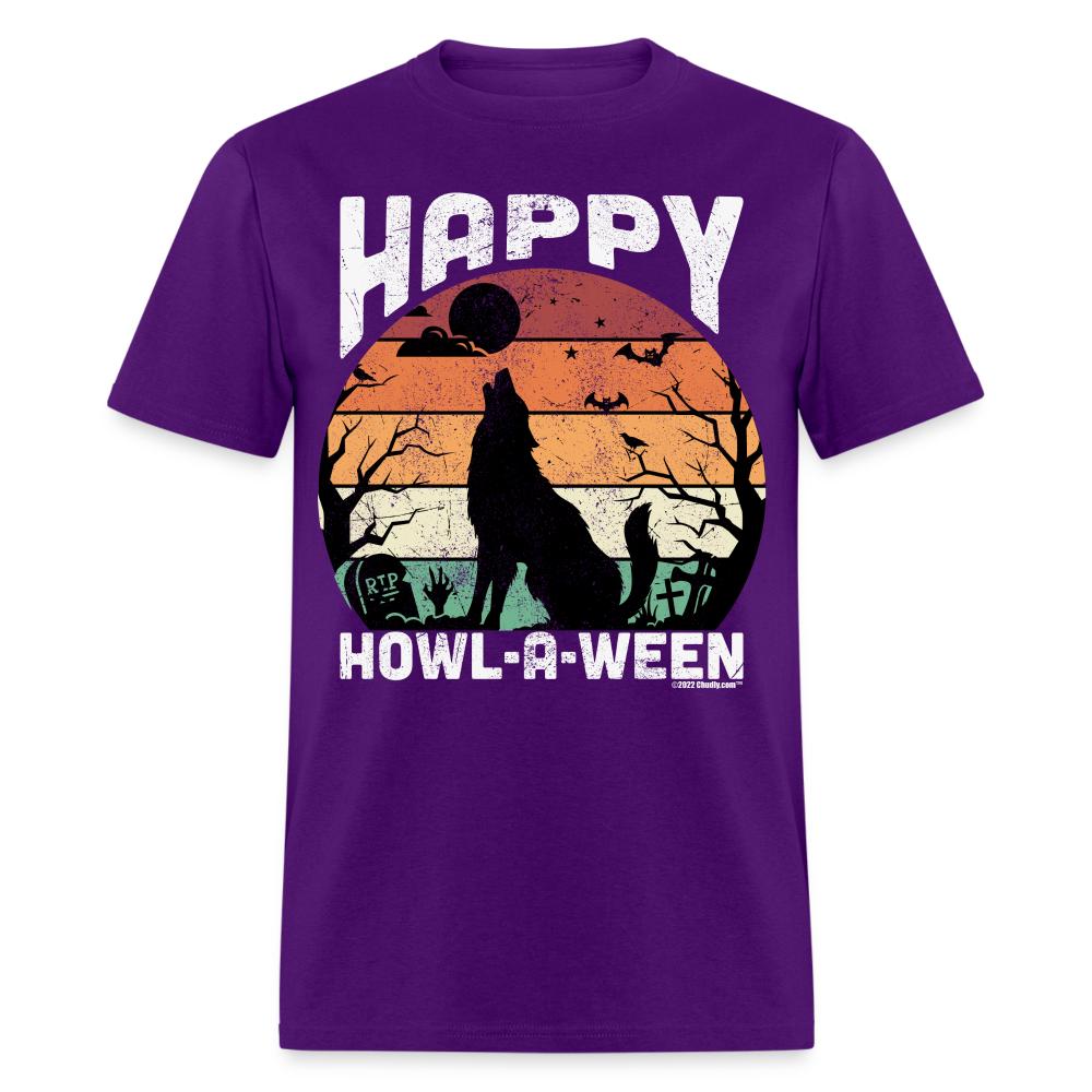 Happy Howl-A-Ween Howling Wolf Halloween Unisex Classic T-Shirt - purple