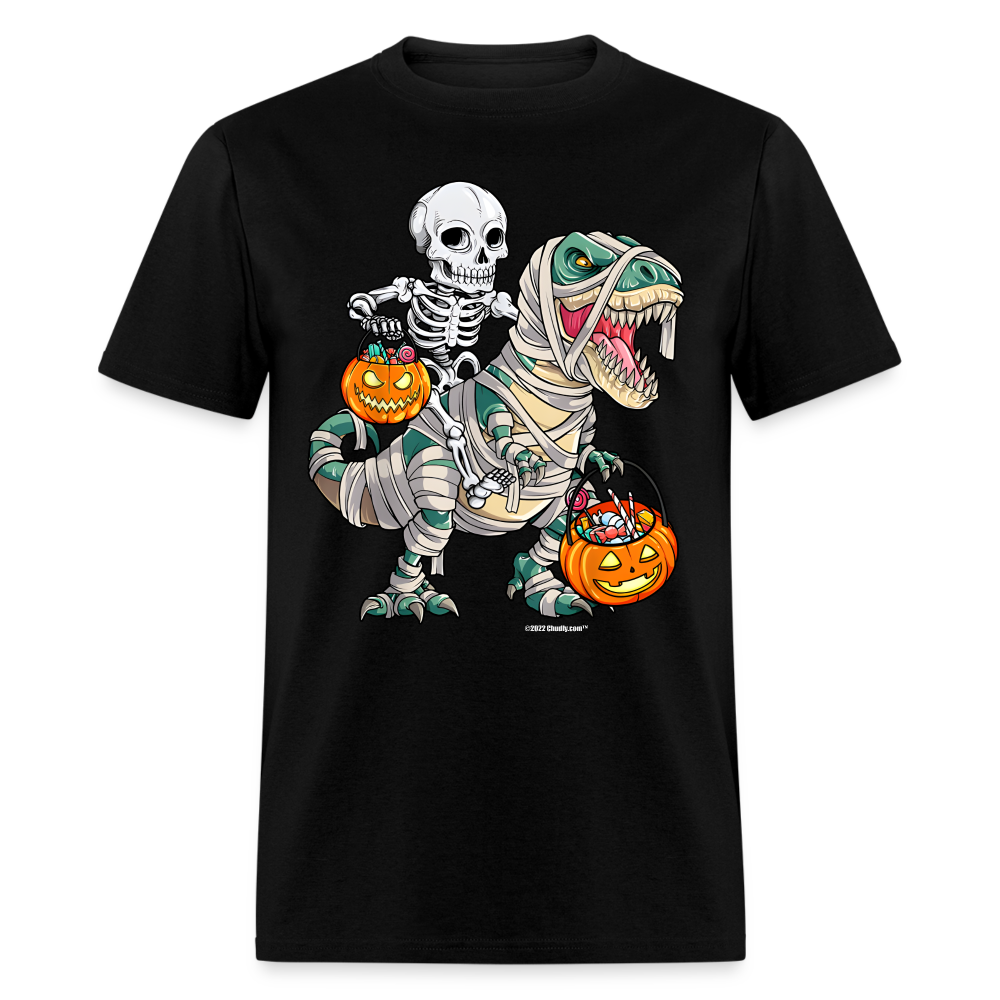Skeleton Riding Mummy Dinosaur T rex Halloween Funny Pumpkin Unisex Classic T-Shirt - black