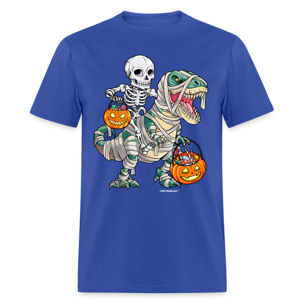 Skeleton Riding Mummy Dinosaur T rex Halloween Funny Pumpkin Unisex Classic T-Shirt - royal blue