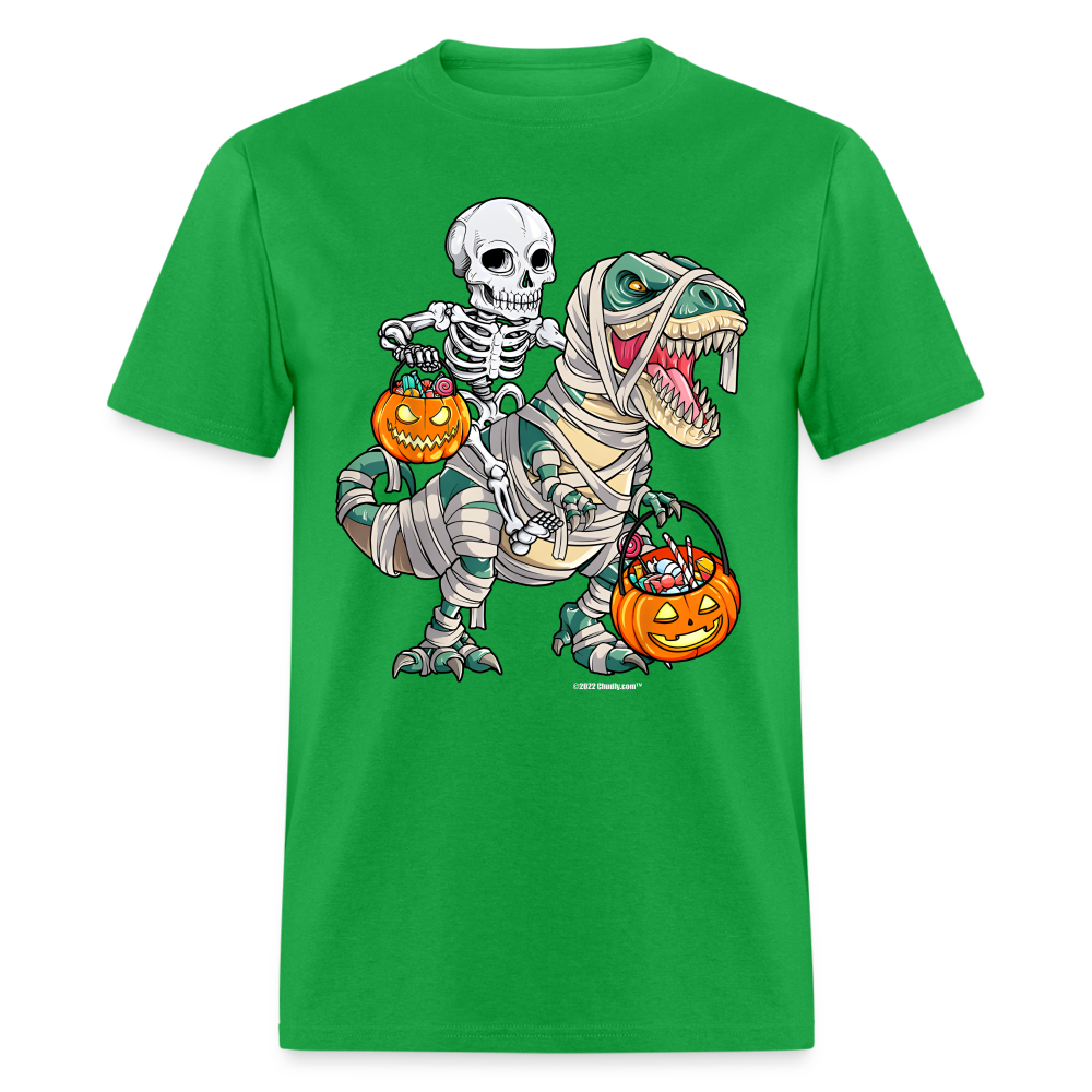 Skeleton Riding Mummy Dinosaur T rex Halloween Funny Pumpkin Unisex Classic T-Shirt - bright green