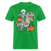 Skeleton Riding Mummy Dinosaur T rex Halloween Funny Pumpkin Unisex Classic T-Shirt - bright green