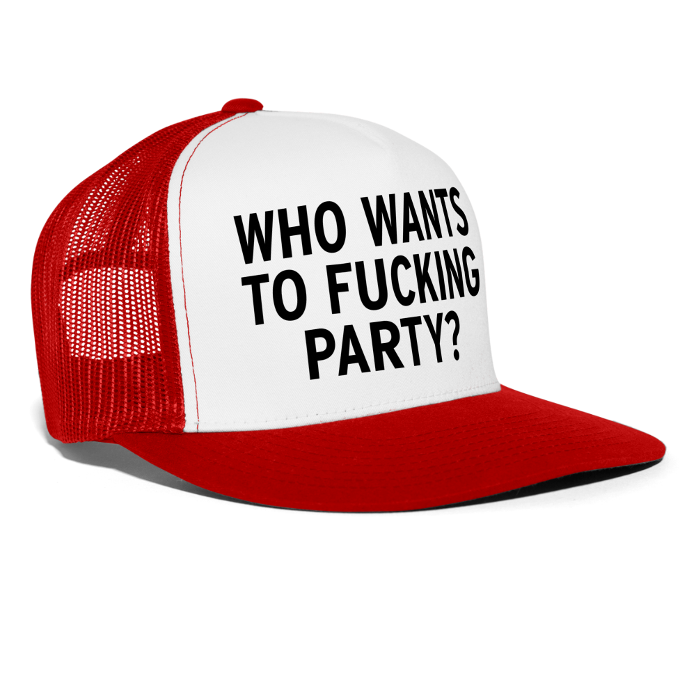 Who Wants To Fucking Party Snapback Mesh Trucker Hat - white/red