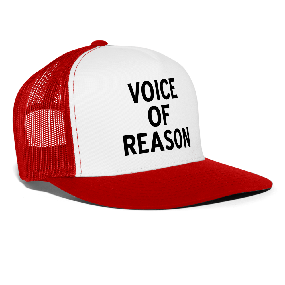 Voice of Reason Funny Party Snapback Mesh Trucker Hat - white/red