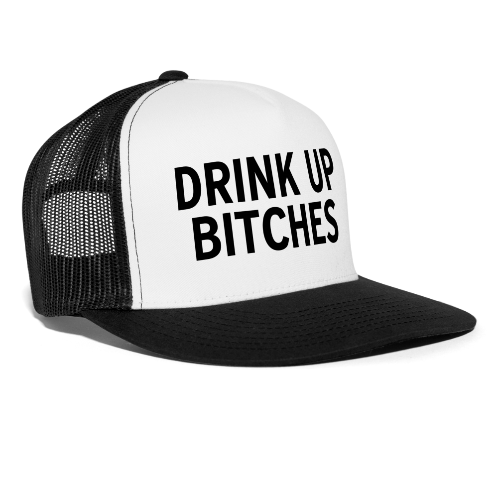 Drink Up Bitches Funny Party Snapback Mesh Trucker Hat - white/black