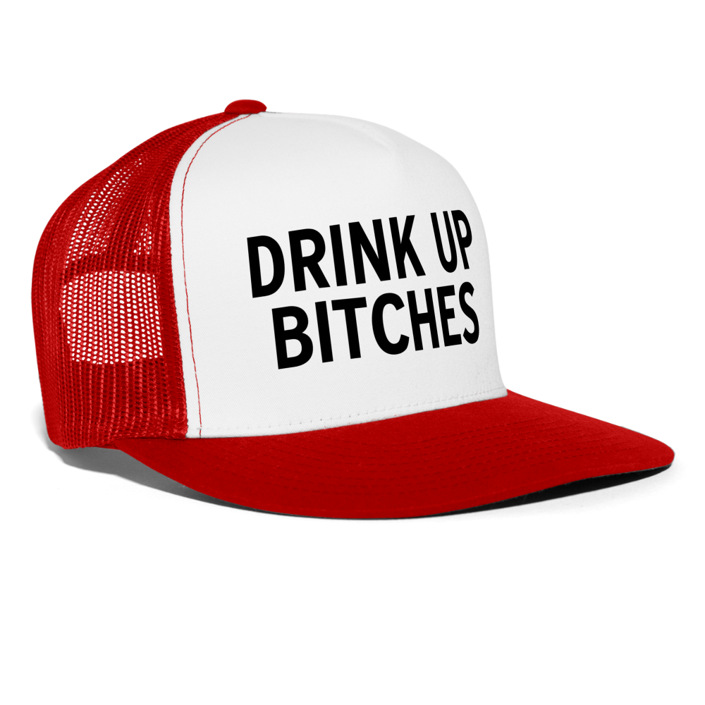Drink Up Bitches Funny Party Snapback Mesh Trucker Hat - white/red