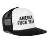 America Fuck Yeah Funny Party 4th of July Snapback Mesh Trucker Hat - white/black