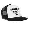 Mustache Rides - $5 Funny Party Snapback Mesh Trucker Hat - white/black