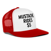 Mustache Rides - $5 Funny Party Snapback Mesh Trucker Hat - white/red
